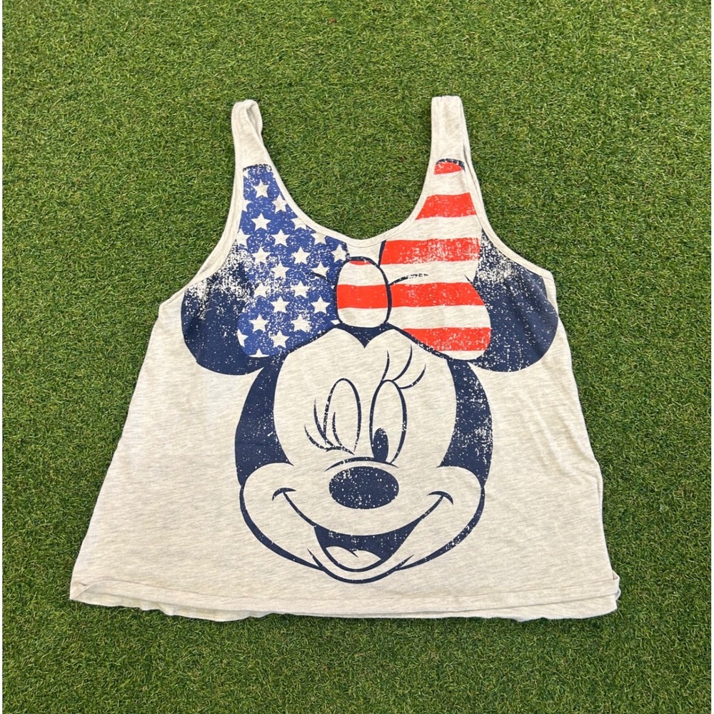 Disney Minnie Mouse Americana Patriotic Stars Stripes Tank Top Gray Large
